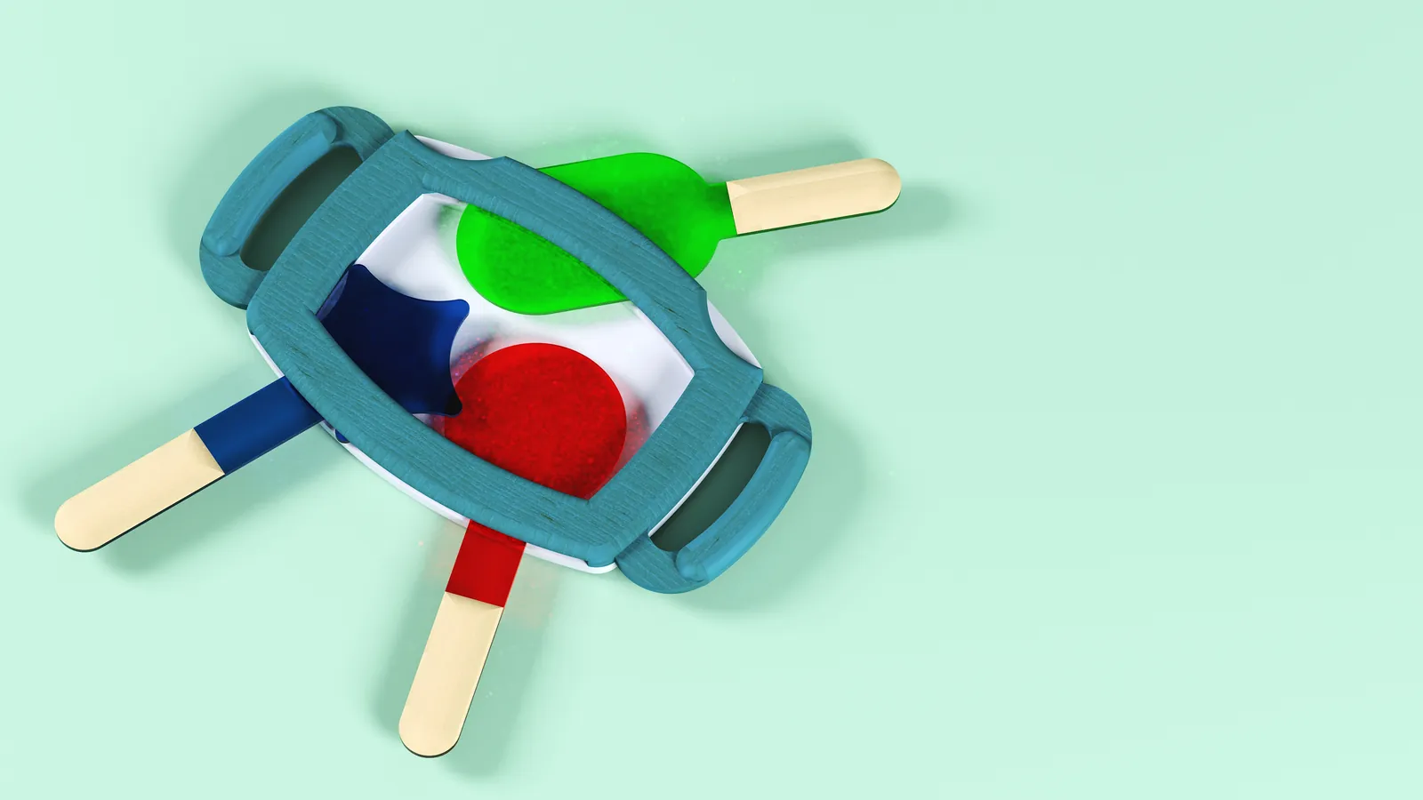 Render of the frame from above at an angle, the three paddles overlapping into new colours