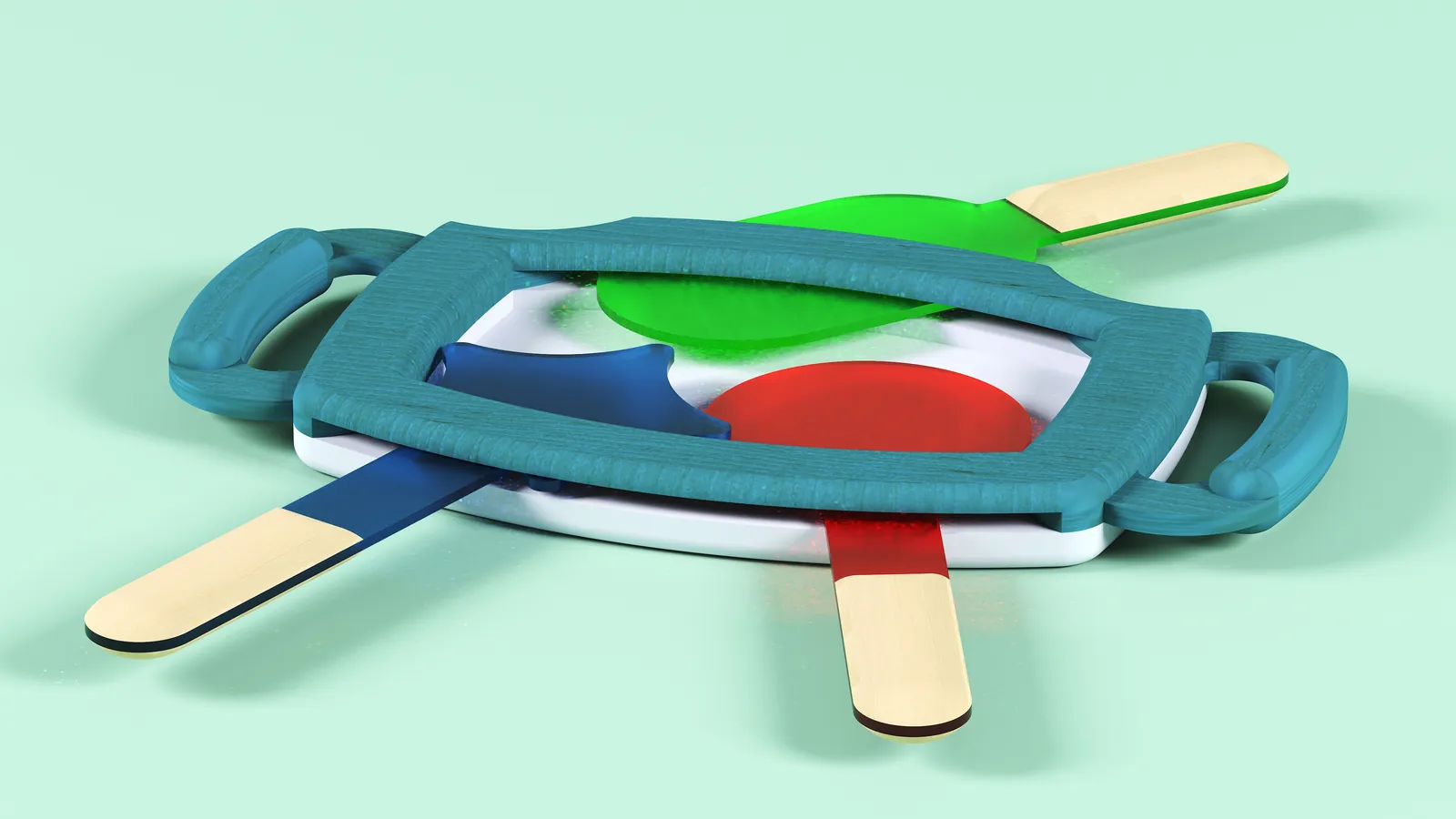 Render of the Colour Creature frame head-on, cyan, magenta and yellow acrylic paddles crossing in its window