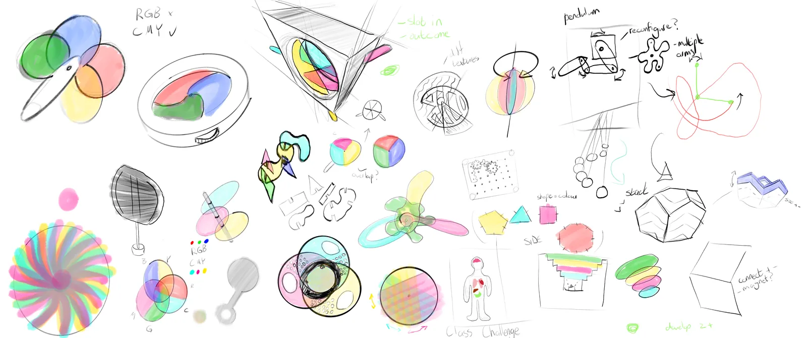 Ideation sheet: colour wheels, overlapping filters and creature forms