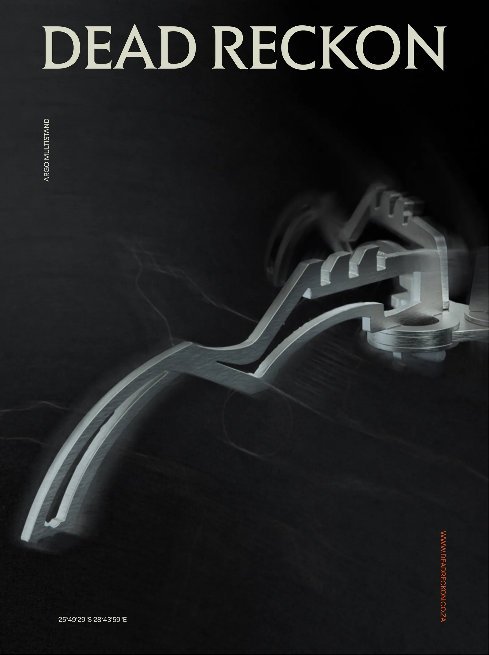 Dead Reckon launch poster: the Argo Multistand leg lit on black