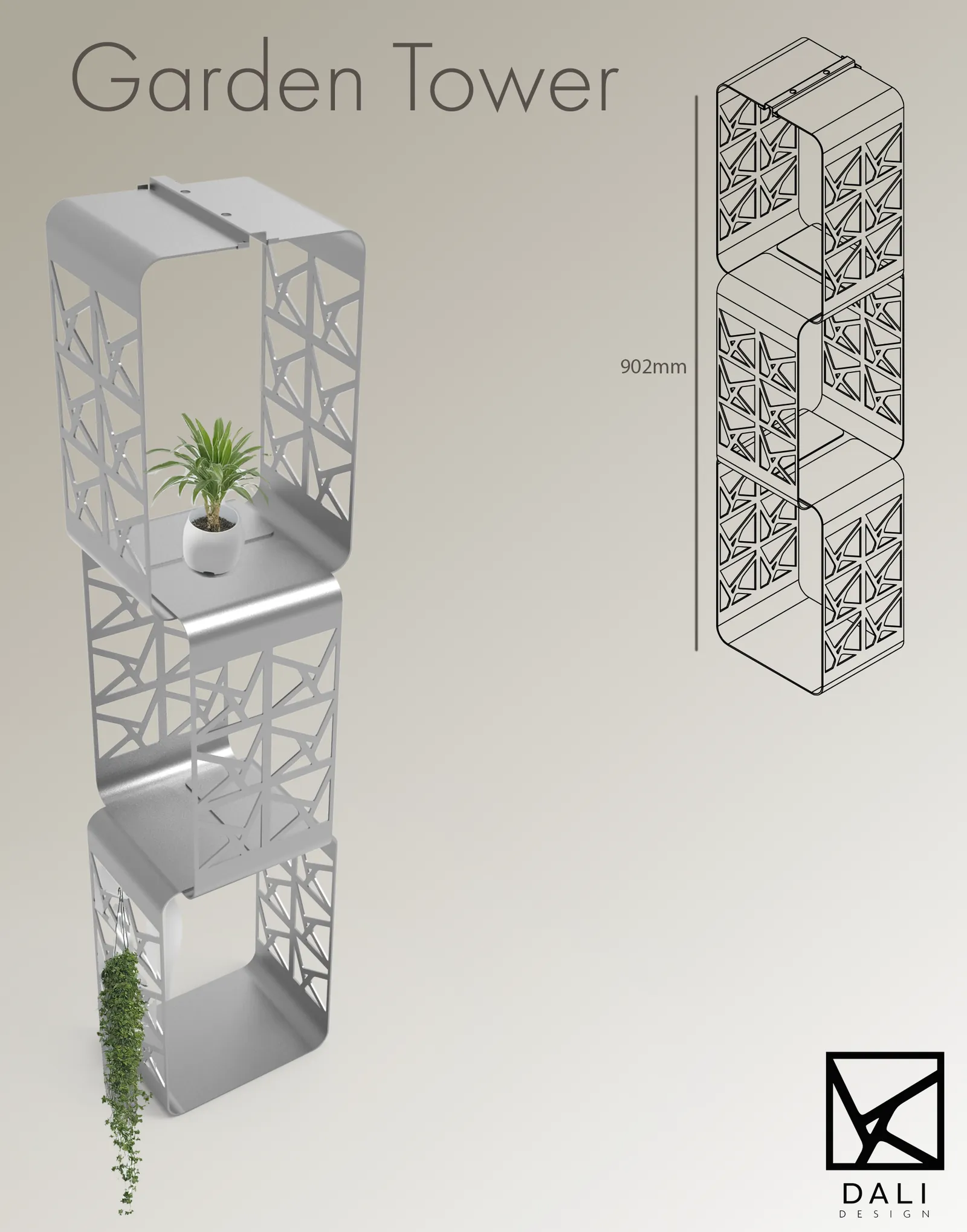 GardenTower poster with the 902 mm stack drawing and DaLi logo