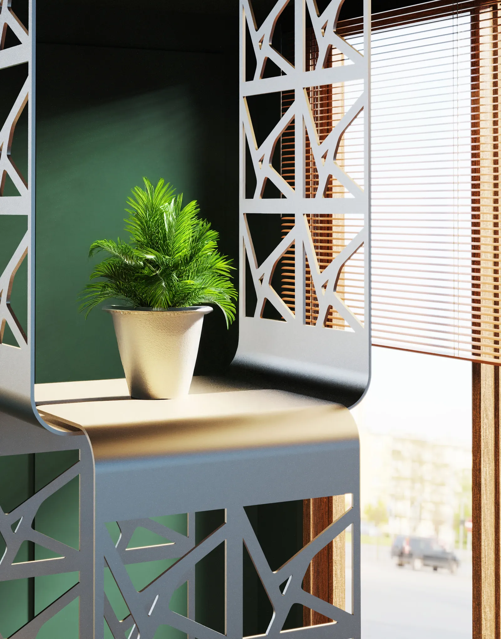 Render of a GardenTower module in a green room by the window, a fern on its shelf