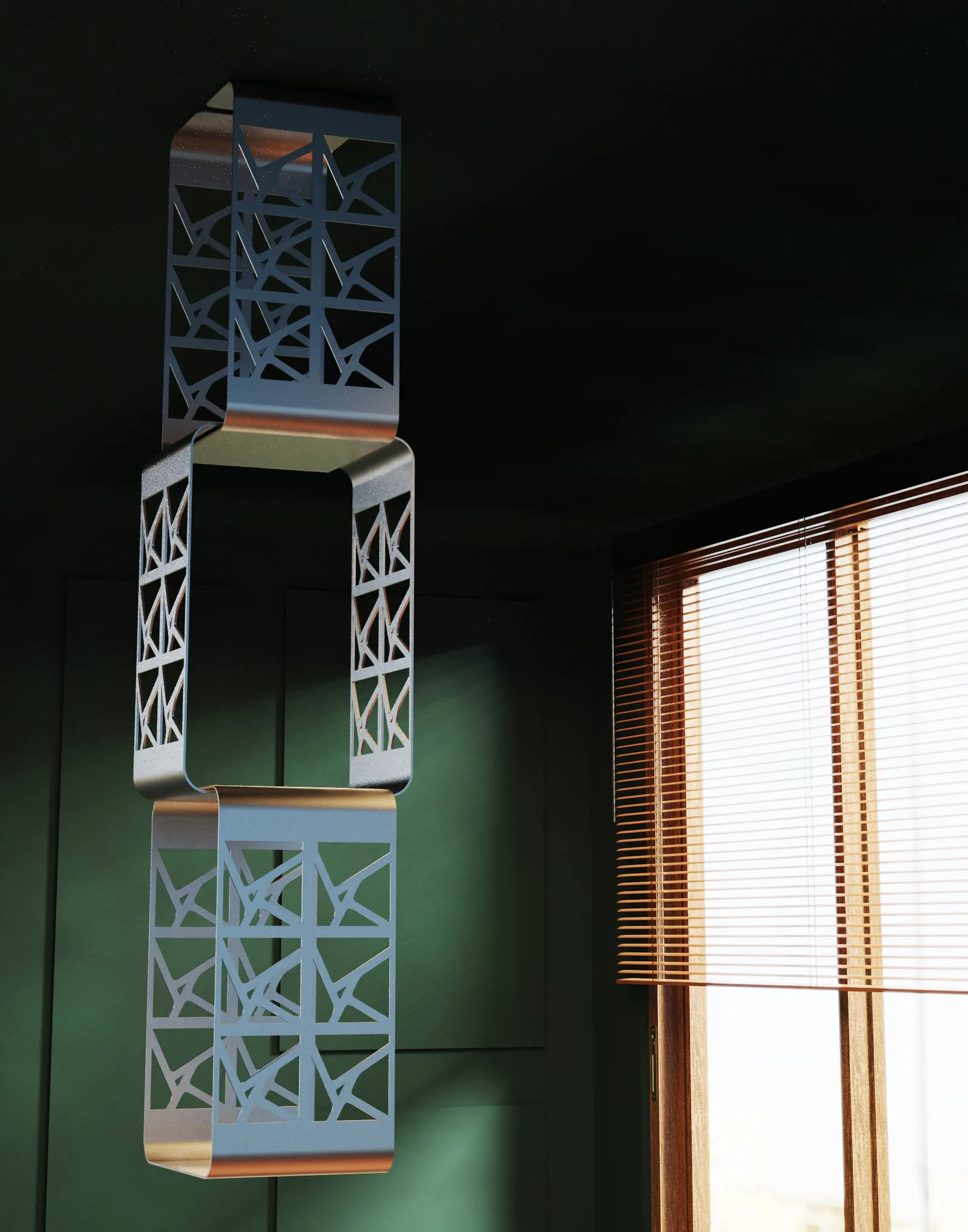Render of three modules stacked, the triangular laser-cut pattern catching light