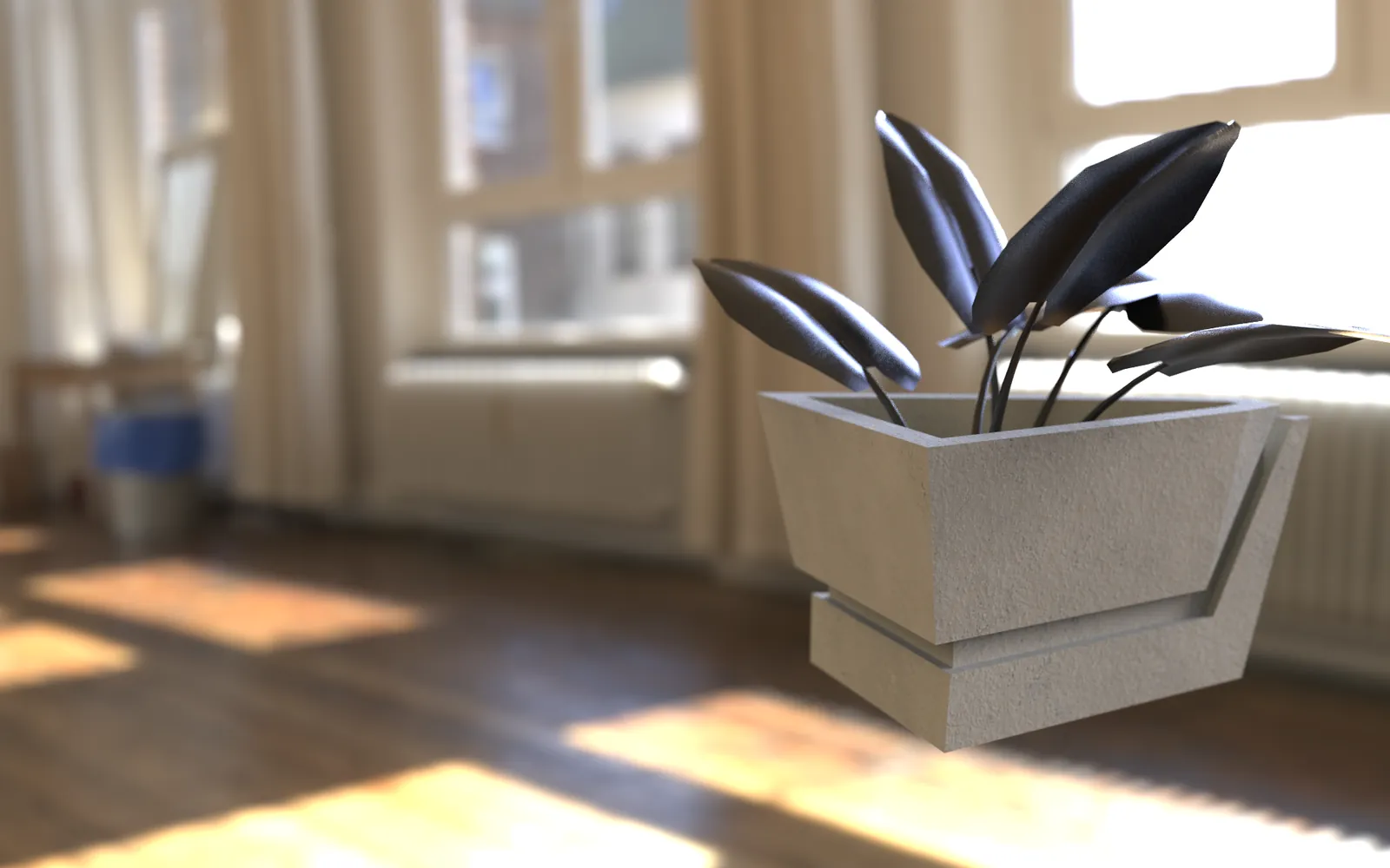Render of the Béton concrete planter on a desk in morning light