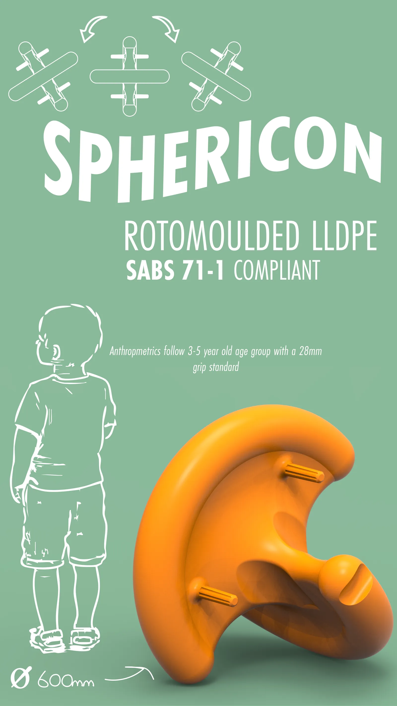 ARMSA poster: rotomoulded LLDPE, SANS 71-1 compliant, with a child-scale drawing