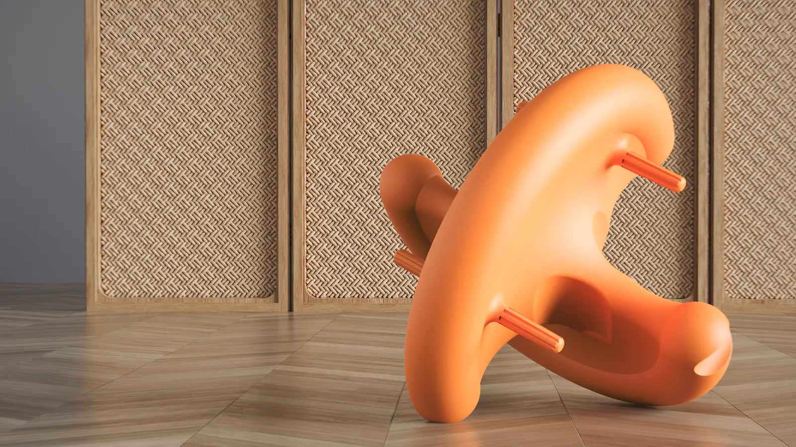 Render of the roller on a parquet floor in front of a screen