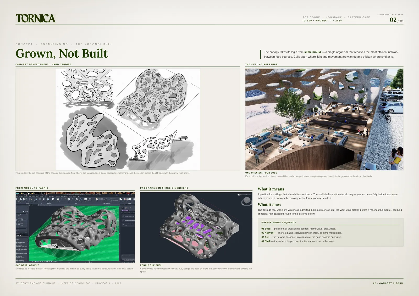 Concept board: 'Grown, not built', with sketches and the Revit model