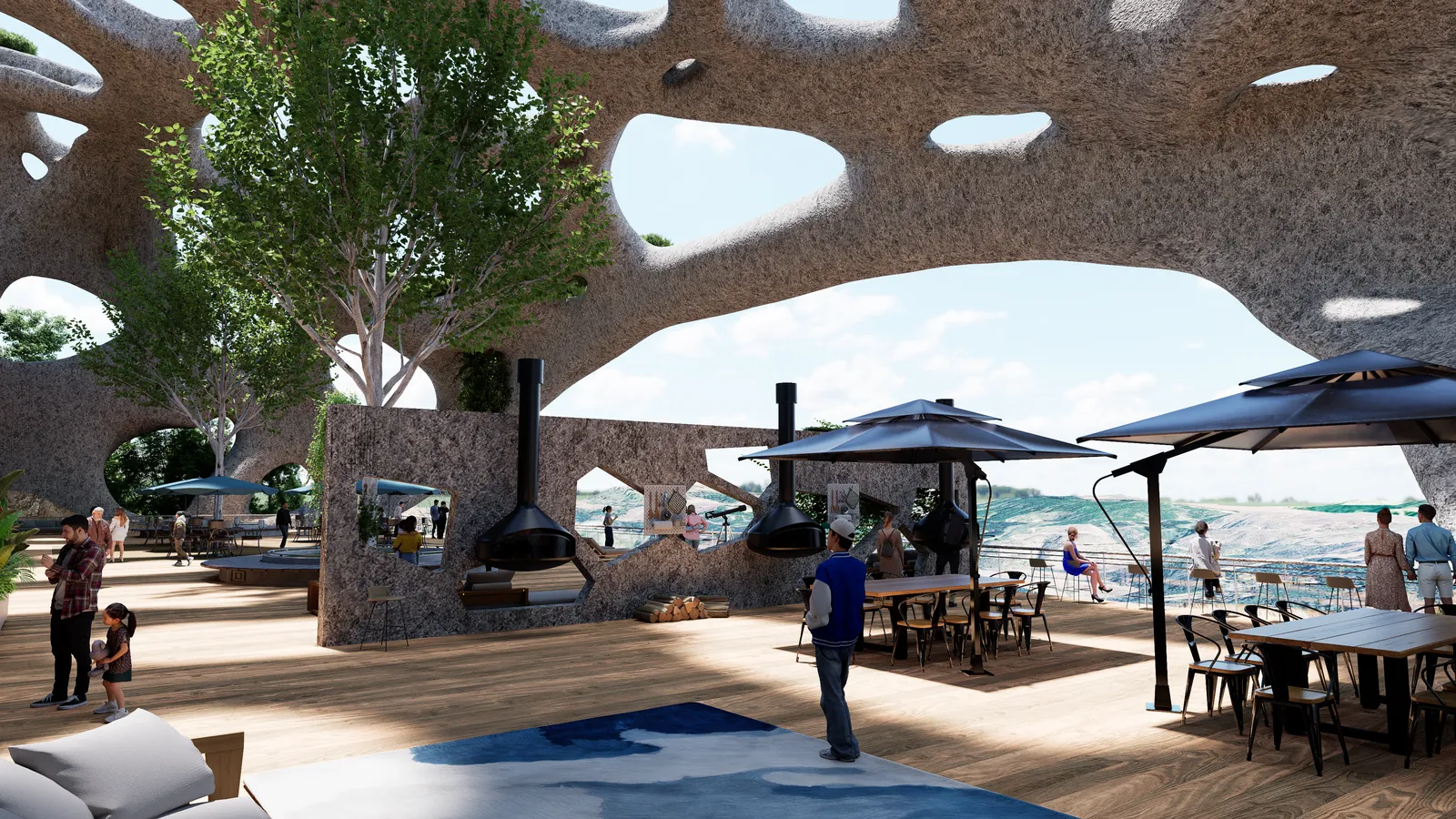 Render of the viewing deck with seating under the Voronoi shell