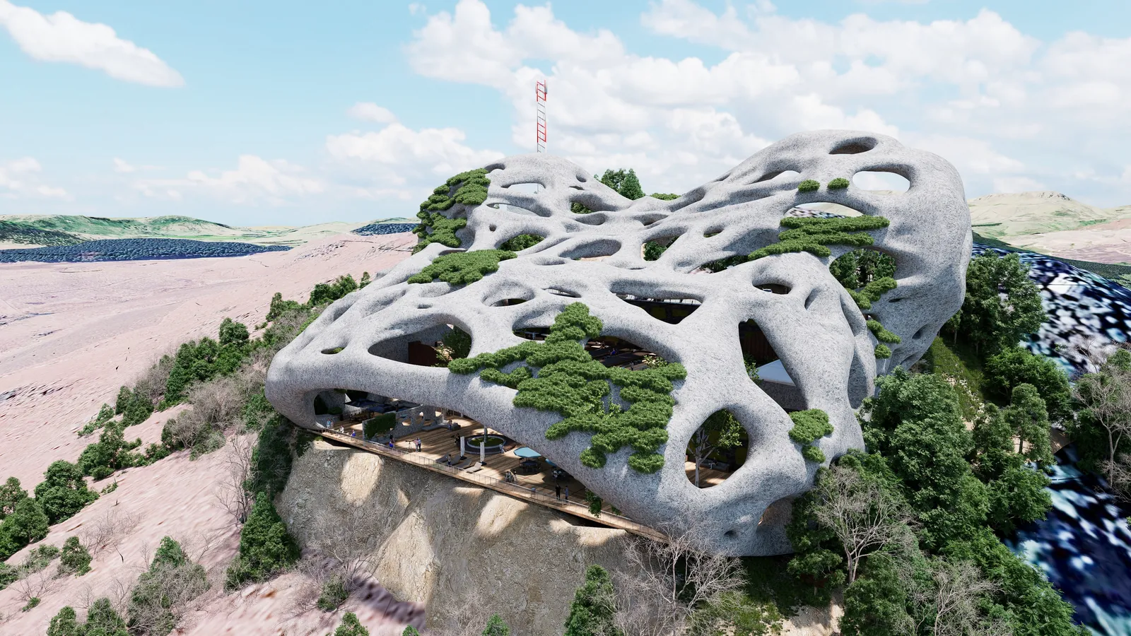 D5 render of the Tornica pavilion, a porous concrete shell planted with moss, on a forested ridge