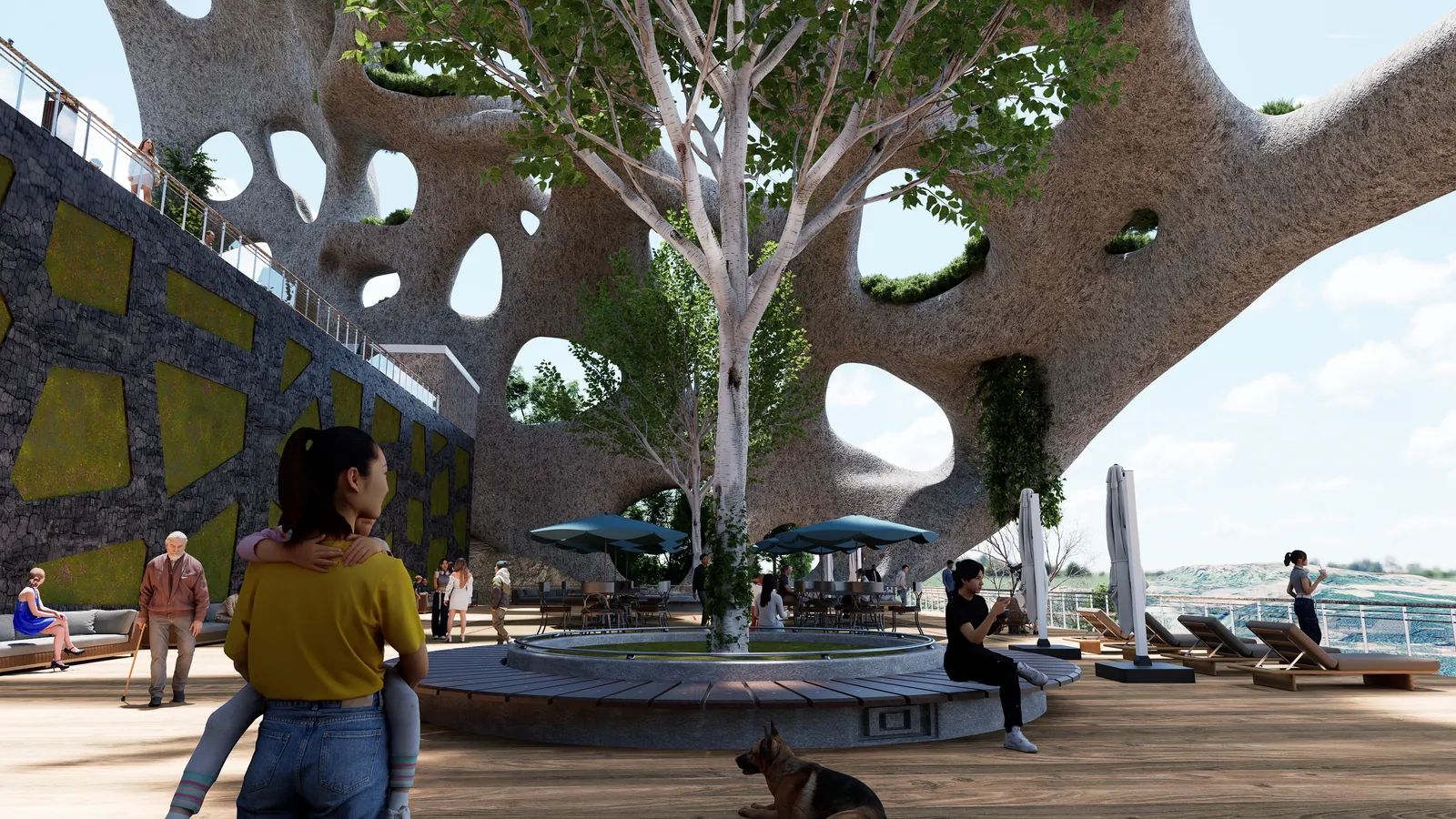 Render of the gathering hub under the cellular canopy, a tree growing through the roof