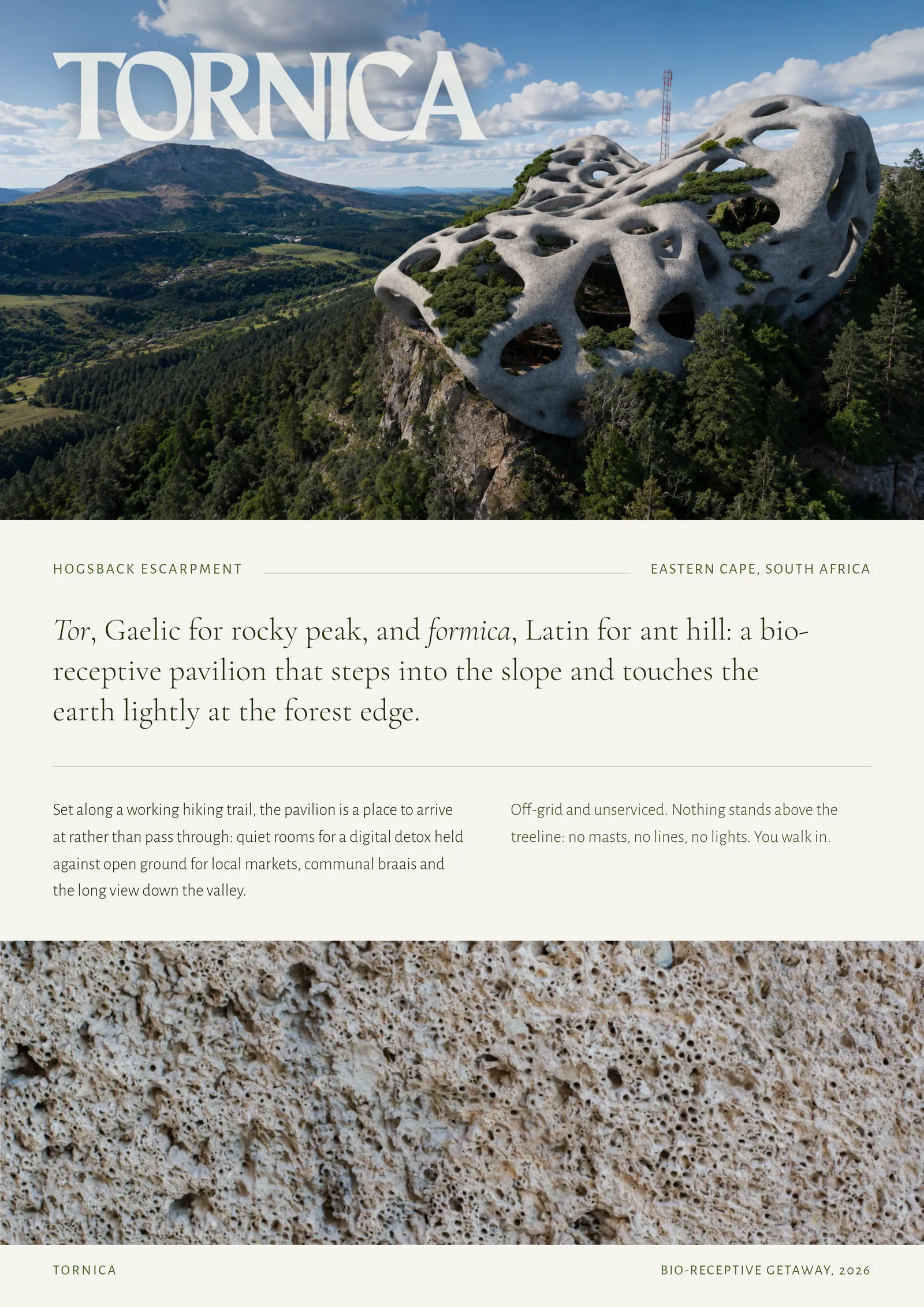 Tornica poster: the pavilion above the Hogsback valley with the project statement