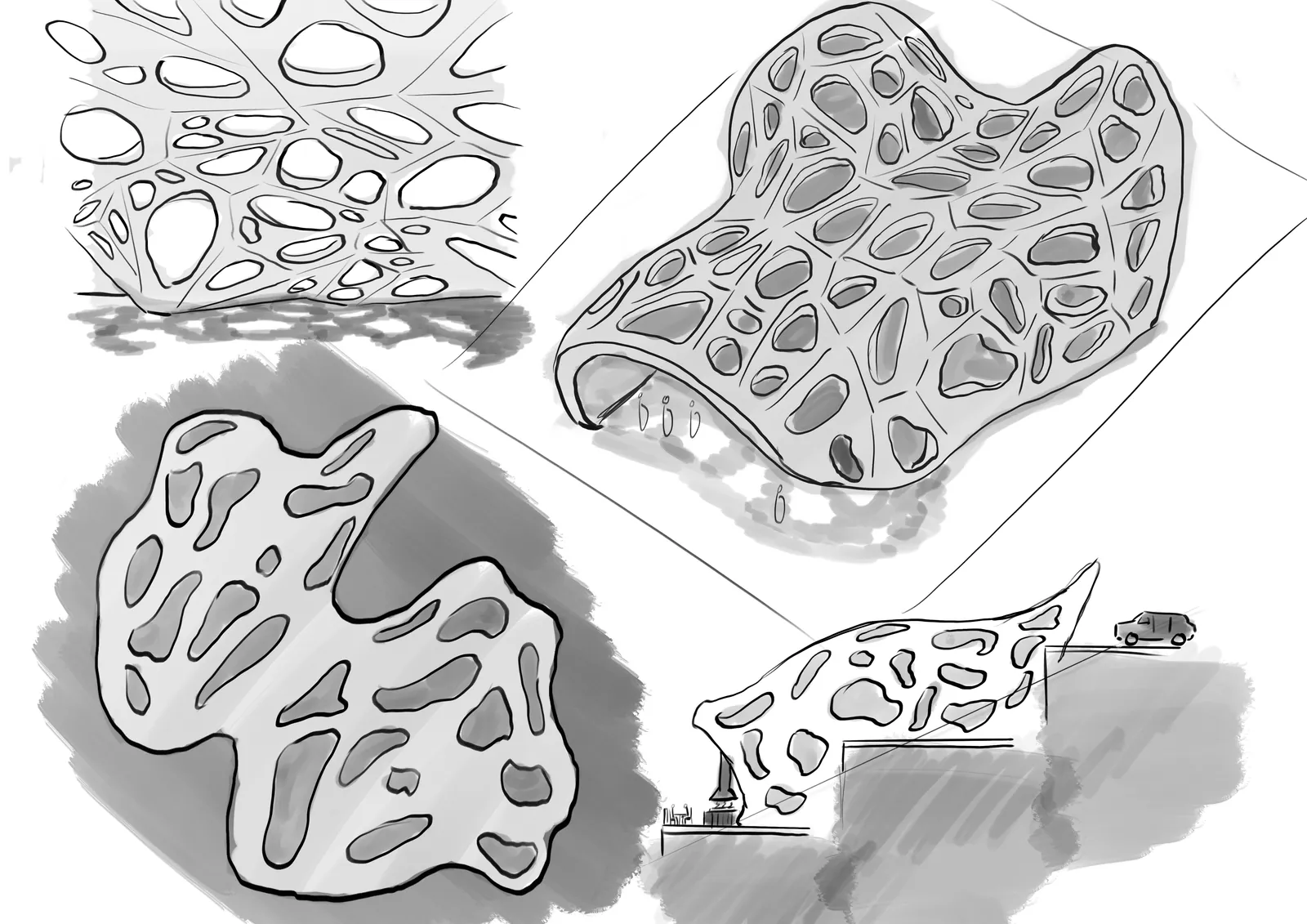 Hand sketches of the cellular canopy in plan and perspective
