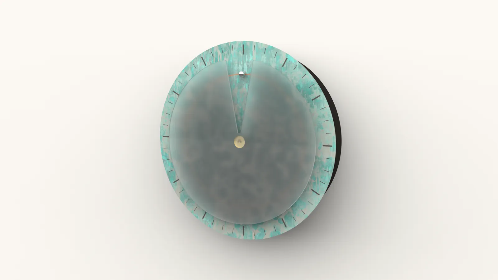 KeyShot render of the Where Tomorrow clock: a patinated copper face behind a frosted glass veil with a clear wedge, on a dark drum