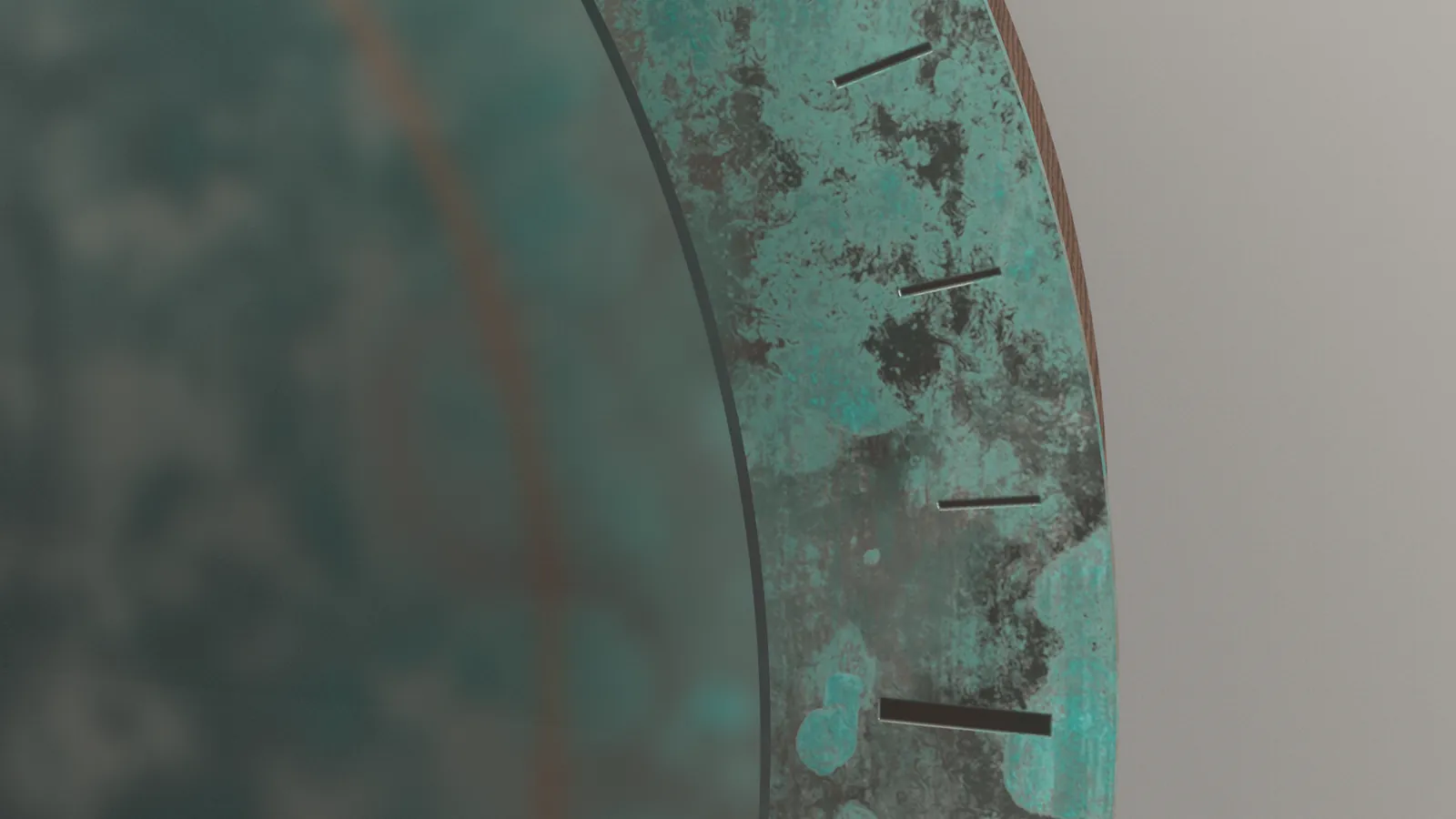 Macro render of verdigris patina and hour marks on the copper rim