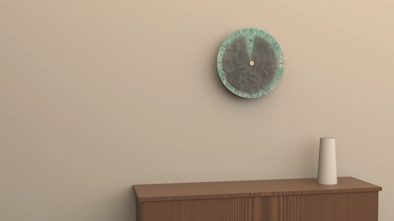 Render of the clock hung above a timber sideboard in a living room