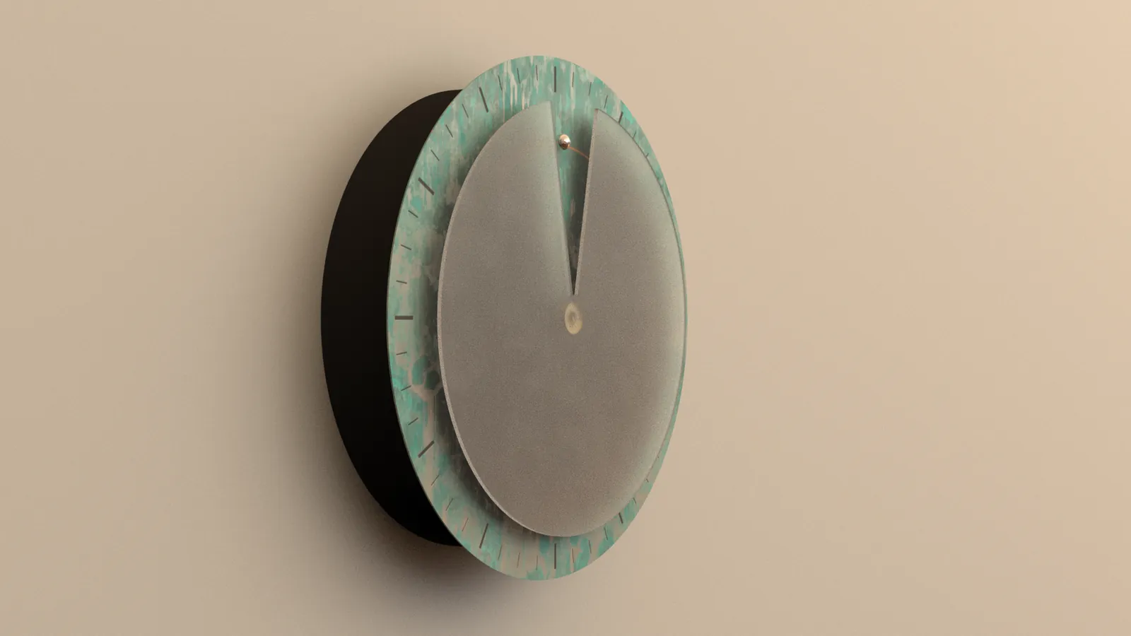 Three-quarter render showing the copper face floating off the dark drum
