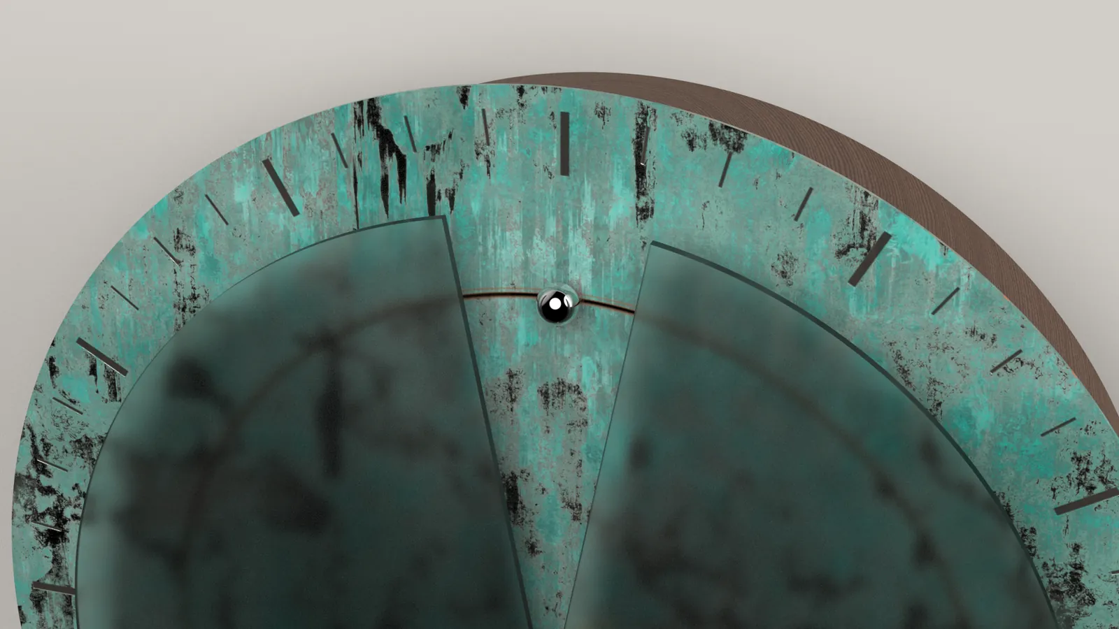 Close-up render of the steel ball sitting in the clear wedge of the frosted veil